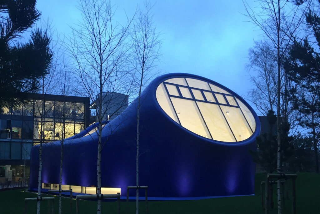 External view of the Drawing Studio, a multi-award winning project and the first of architect, Sir Peter Cook’s completed buildings in the UK.