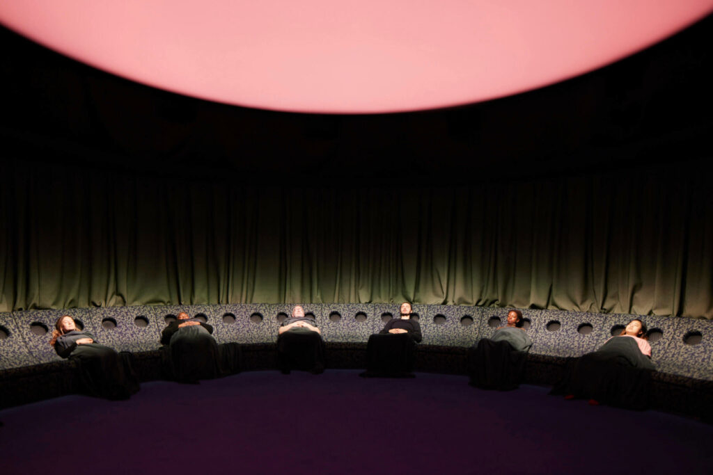 Front view of Dreamachine, a temporary structure for immersive sound and light experience.