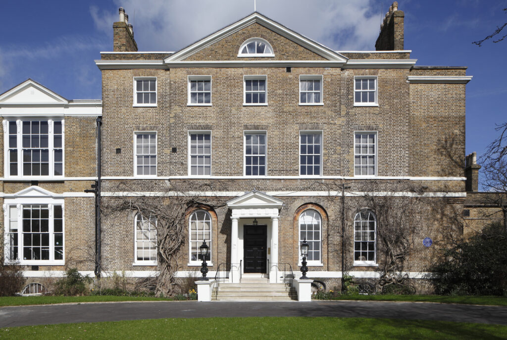 External view of The Elms at Royal Trinity Hospice, a Grade II listed manor by Clapham Common