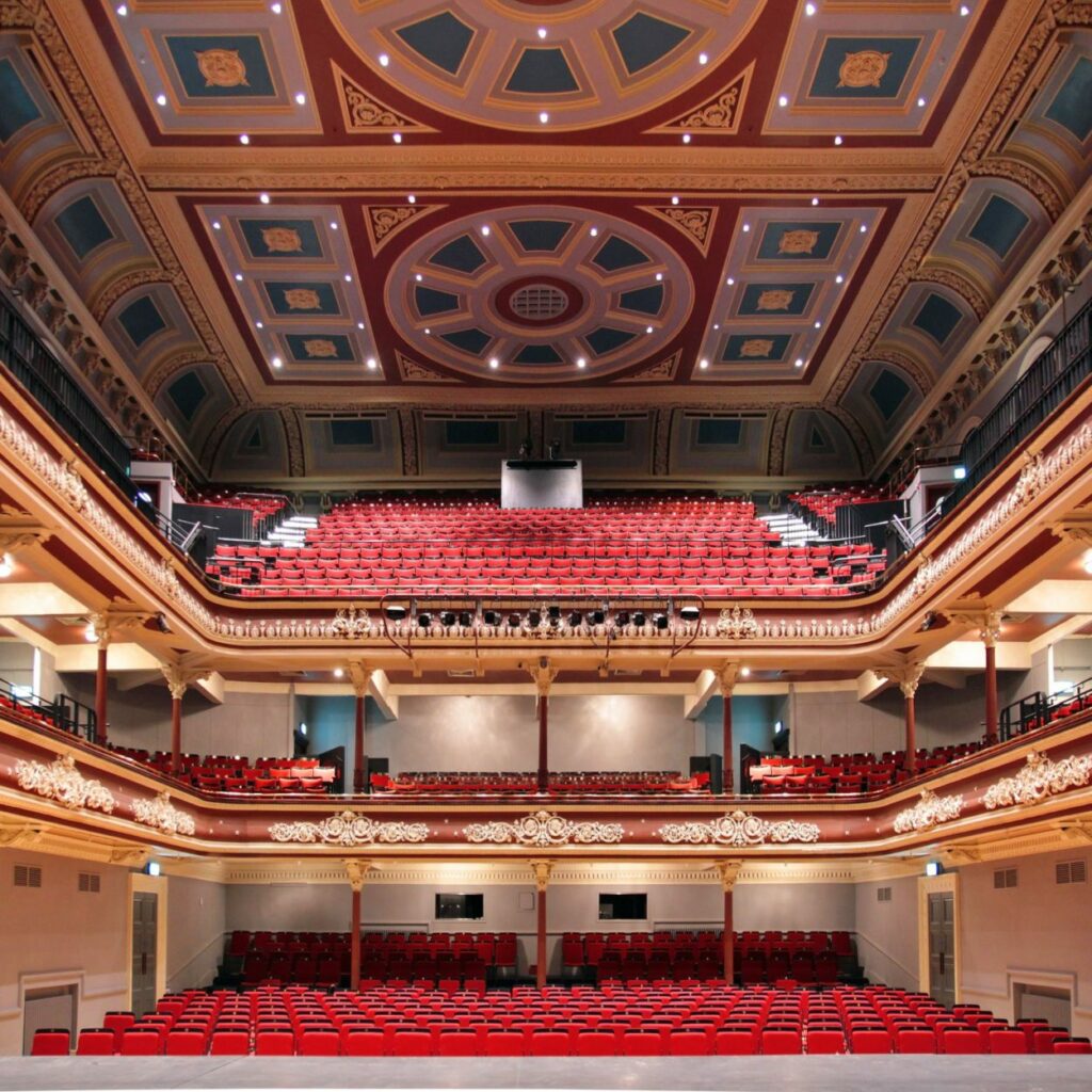 Internal view of the concert hall at the renovation of St George's Hall, one of the UK's oldest concert halls, modernising this Grade II listed building.